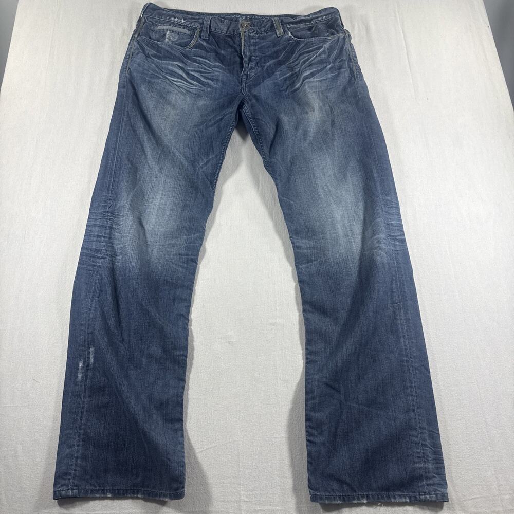 Guess Jeans Rebel Regular Straight Fit 38x34 Fading Whiskering Distressed Wash